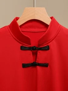 Calvaya 女士复古中国风撞色设计夏季T恤，纽扣门襟短袖立领T恤，青蛙扣上衣，夏季服装，婚礼宾客服装，女士派对/生日服装，优雅晚装，浪漫夏日约会。 - 紅色 - 查看 6