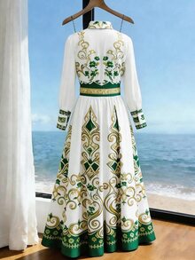 Calvaya Vacation Palace Style Lapel Ruffle Hem Retro Printed Long Dress For Women - Green - View 2