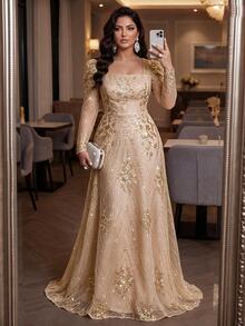 Auveirra Plus Size Women's Applique Decor Square Neck Puff Long Sleeve Elegant Dress Fall Christmas - Beige - View 4