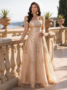 Auveirra Plus Size Women's Applique Decor Square Neck Puff Long Sleeve Elegant Dress Fall Christmas - Beige - View 1