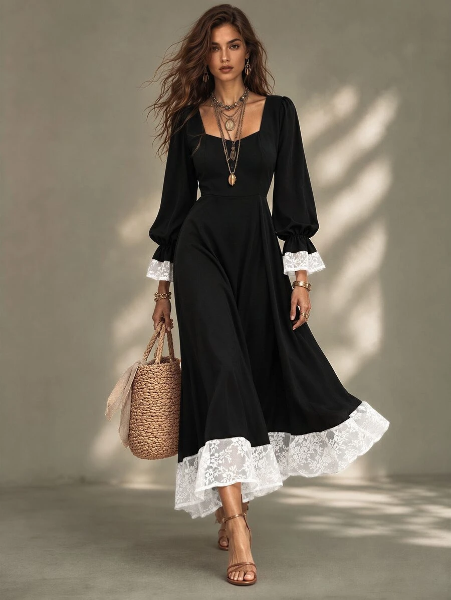 Calvaya Women's Square Neck Lace Patchwork Maxi Dress (Embroidered Asymmetric Hem) - Black - View 1
