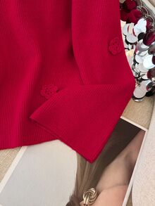 Calvaya 女式纯色 V 领法式手工钩编 3D 花卉毛衣，秋冬 - 紅色 - 查看 4
