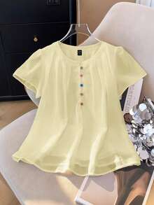 Calvaya Women's Elegant Solid Color Pleated Collar Colorful Button Decor Round Neck Short Sleeve Blouse - Light Yellow - View 4