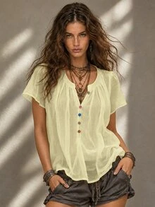Calvaya Women's Elegant Solid Color Pleated Collar Colorful Button Decor Round Neck Short Sleeve Blouse - Light Yellow - View 1