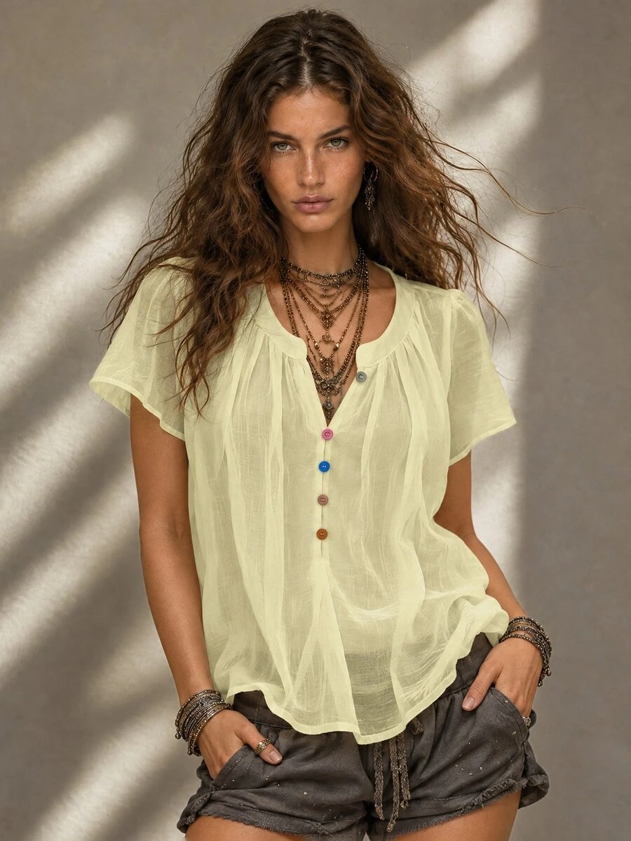 Calvaya Women's Elegant Solid Color Pleated Collar Colorful Button Decor Round Neck Short Sleeve Blouse - Light Yellow - View 1