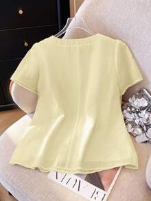 Calvaya Women's Elegant Solid Color Pleated Collar Colorful Button Decor Round Neck Short Sleeve Blouse - Light Yellow - View 2