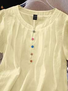 Calvaya Women's Elegant Solid Color Pleated Collar Colorful Button Decor Round Neck Short Sleeve Blouse - Light Yellow - View 8