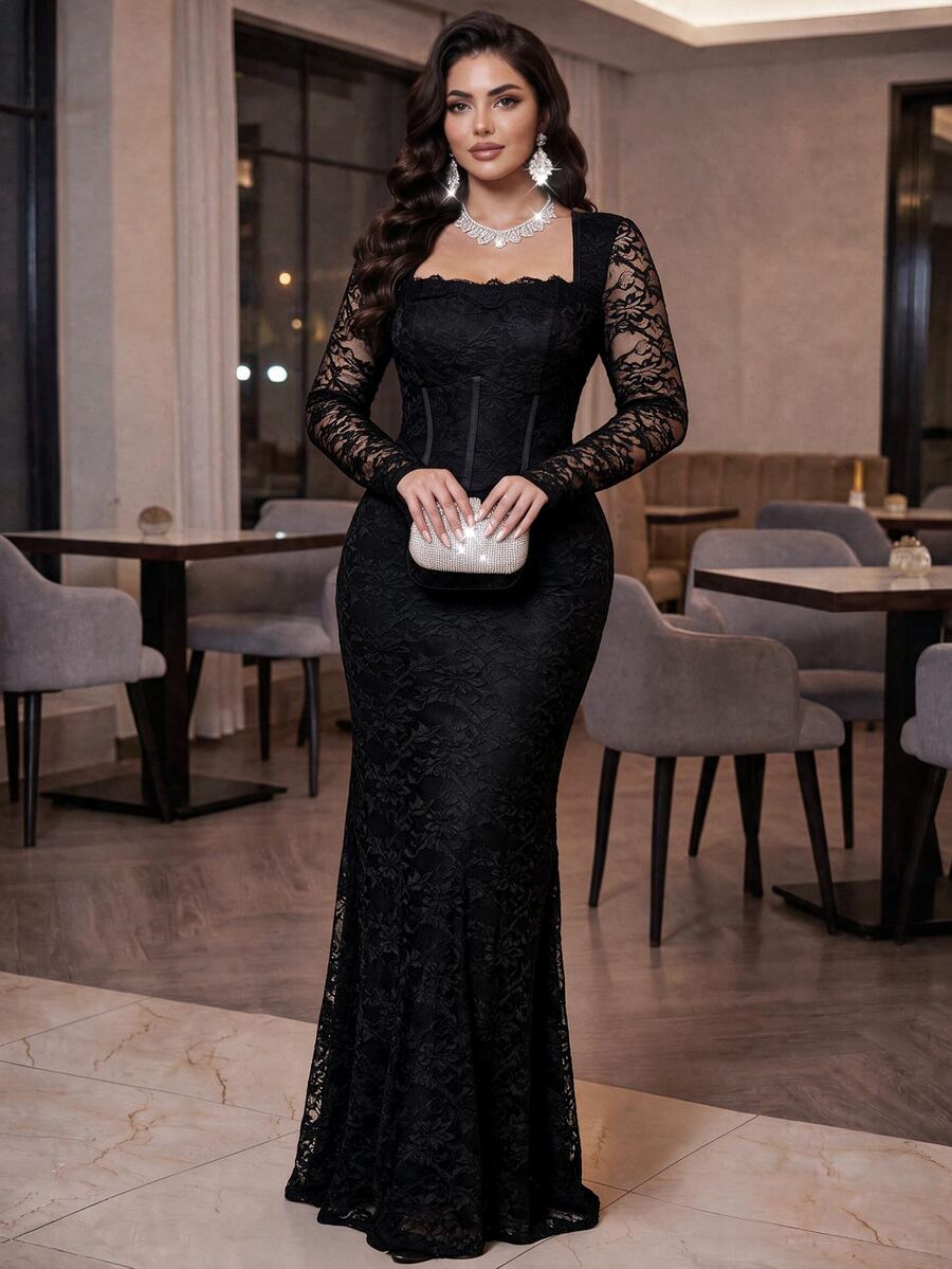 Auveirra Plus Size Elegant Party Lace Mermaid Dress Fall - Black - View 1