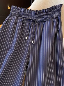 Calvaya 女士仿亚麻条纹装饰帽，荷叶边腰阔腿裤，休闲度假风，春夏 - 寶藍色 - 查看 4