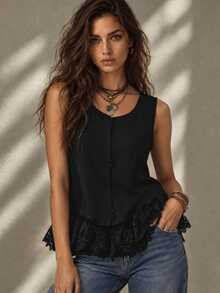 Calvaya Women's Solid Color Embroidered Lace Patchwork Sleeveless Shirt With Design Details, Spring/Summer, Casual & Fashionable Clothes For University - Black - View 1
