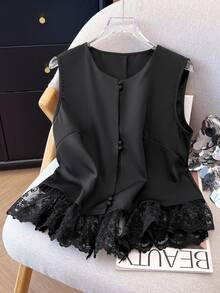 Calvaya Women's Solid Color Embroidered Lace Patchwork Sleeveless Shirt With Design Details, Spring/Summer, Casual & Fashionable Clothes For University - Black - View 7