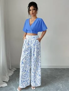 Calvaya 2 件套女士夏季 V 领短袖纽扣上衣和高腰阔腿裤套装 - 藍色 - 查看 5