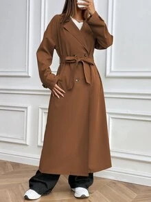 Calvaya 女士休闲纯色双排扣风衣，秋季 - 咖啡棕 - 查看 5