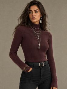 Calvaya Basic Minimalist High Neck Sweater, Casual For Autumn/Winter - Coffee Brown - View 1