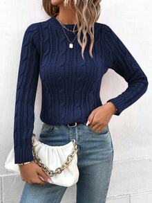 Calvaya Women's Casual Cable Pattern Crew Neck Long Sleeve Sweater, Autumn/Winter Office School Navy Blue - Royal Blue - View 8