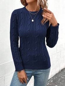 Calvaya Women's Casual Cable Pattern Crew Neck Long Sleeve Sweater, Autumn/Winter Office School Navy Blue - Royal Blue - View 6