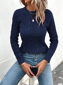 Calvaya Women's Casual Cable Pattern Crew Neck Long Sleeve Sweater, Autumn/Winter Office School Navy Blue - Royal Blue - View 4