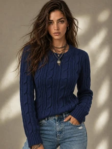 Calvaya Women's Casual Cable Pattern Crew Neck Long Sleeve Sweater, Autumn/Winter Office School Navy Blue - Royal Blue - View 2