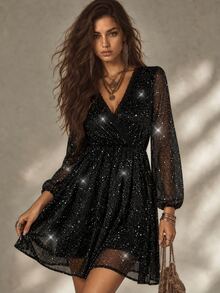 Calvaya Galaxy Print Surplice Neck Lantern Sleeve Dress Fall Cloth For Women - Black - View 2