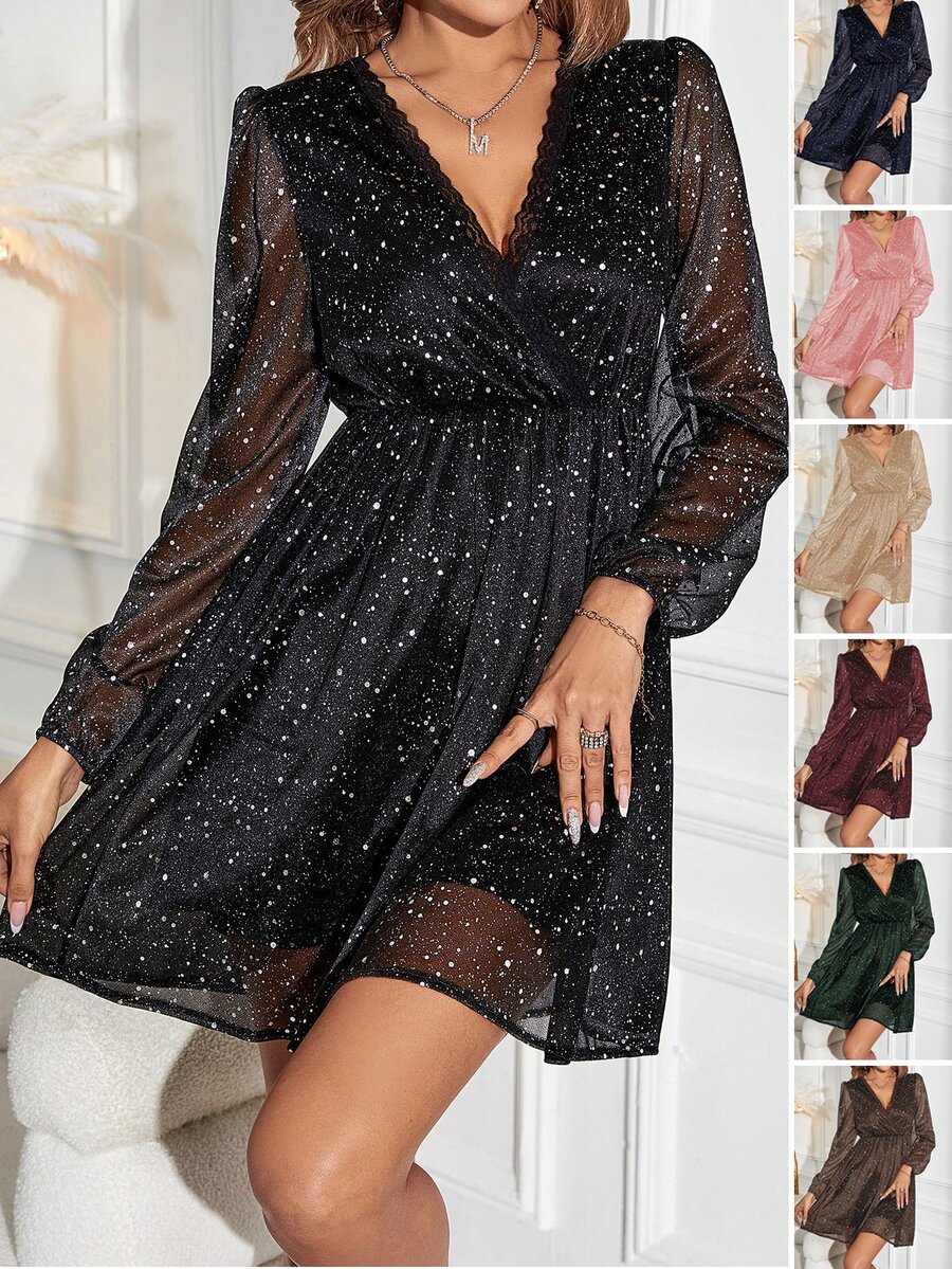 Calvaya Galaxy Print Surplice Neck Lantern Sleeve Dress Fall Cloth For Women - Black - View 1