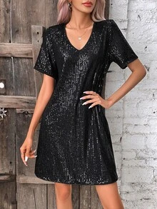 Calvaya V Neck Sequin Dress Without Belt For Holiday Party Clothes - Black - View 4