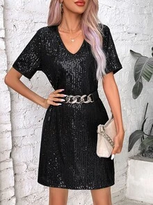 Calvaya V Neck Sequin Dress Without Belt For Holiday Party Clothes - Black - View 5