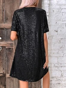 Calvaya V Neck Sequin Dress Without Belt For Holiday Party Clothes - Black - View 2