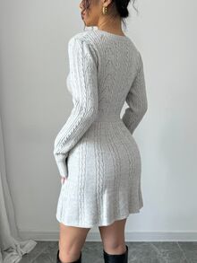 Calvaya Women's Autumn/Winter Bow Decor Round Neck Long Sleeve Short Knitted Sweater Dress Fall Cloth For Women - Grey - View 2