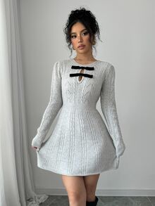 Calvaya Women's Autumn/Winter Bow Decor Round Neck Long Sleeve Short Knitted Sweater Dress Fall Cloth For Women - Grey - View 6