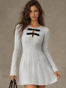 Calvaya Women's Autumn/Winter Bow Decor Round Neck Long Sleeve Short Knitted Sweater Dress Fall Cloth For Women - Grey - View 1
