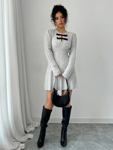 Calvaya Women's Autumn/Winter Bow Decor Round Neck Long Sleeve Short Knitted Sweater Dress Fall Cloth For Women - Grey - View 4