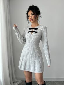 Calvaya Women's Autumn/Winter Bow Decor Round Neck Long Sleeve Short Knitted Sweater Dress Fall Cloth For Women - Grey - View 5