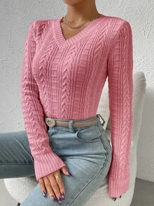 Calvaya V-Neck Twist Knitted Sweater,Long Sleeve Tops Fall Winter - Pink - View 7