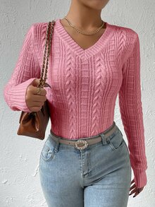 Calvaya V-Neck Twist Knitted Sweater,Long Sleeve Tops Fall Winter - Pink - View 5