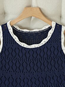 SHEIN Franclia 新款简约夏日度假风优雅镂空波浪领性感吊带修身连衣裙，撞色针织背心无袖毛衣两件套，春夏款 - 寶藍色 - 查看 4