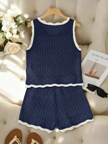 SHEIN Franclia 新款简约夏日度假风优雅镂空波浪领性感吊带修身连衣裙，撞色针织背心无袖毛衣两件套，春夏款 - 寶藍色 - 查看 2