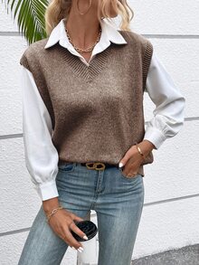 Calvaya Women's Solid Color V-Neck Casual Versatile Knitted Vest, Autumn/Winter - Coffee Brown - View 3