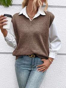 Calvaya Women's Solid Color V-Neck Casual Versatile Knitted Vest, Autumn/Winter - Coffee Brown - View 7