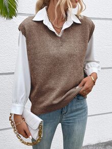Calvaya Women's Solid Color V-Neck Casual Versatile Knitted Vest, Autumn/Winter - Coffee Brown - View 4