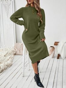 Calvaya 女士休闲日常通勤简约纯色立领修身毛衣裙，不含腰带 - 橄欖綠 - 查看 4