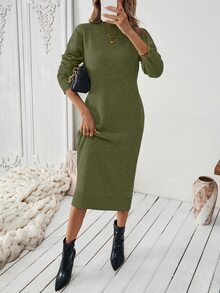 Calvaya 女士休闲日常通勤简约纯色立领修身毛衣裙，不含腰带 - 橄欖綠 - 查看 5