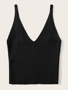 Calvaya Ribbed V-Neck Crop Top - Black - View 5