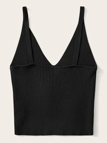 Calvaya Ribbed V-Neck Crop Top - Black - View 2