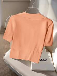 Calvaya New Summer Soft Korean Style Casual Commute Versatile Polo Collar Knit Top For Women - Orange - View 2