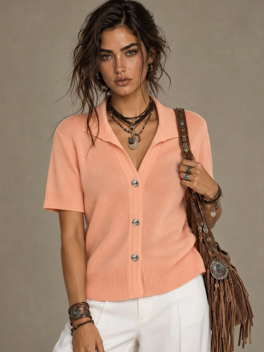 Calvaya New Summer Soft Korean Style Casual Commute Versatile Polo Collar Knit Top For Women - Orange - View 1