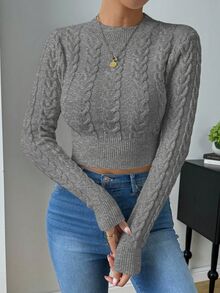 Calvaya 女式秋冬麻花图案圆领长袖短款修身毛衣 - 深灰色 - 查看 6