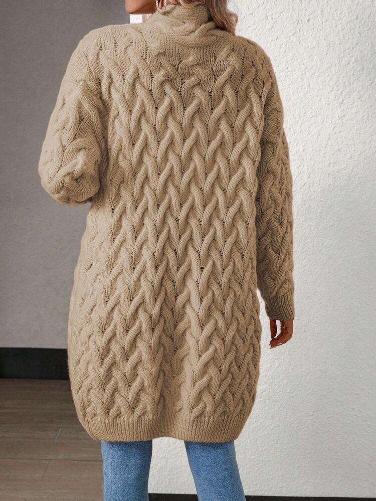 Calvaya Women's Casual Long Knitted Cardigan With Dropped Shoulder And Cable Pattern, Autumn - Khaki - View 2