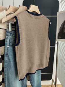 Calvaya Casual Loose Crew Neck Sleeveless Knit Contrast Trim Khaki Sweater Top For Women, Spring/Autumn - Camel - View 2