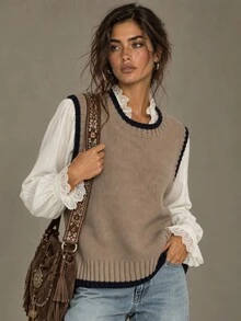 Calvaya Casual Loose Crew Neck Sleeveless Knit Contrast Trim Khaki Sweater Top For Women, Spring/Autumn - Camel - View 1