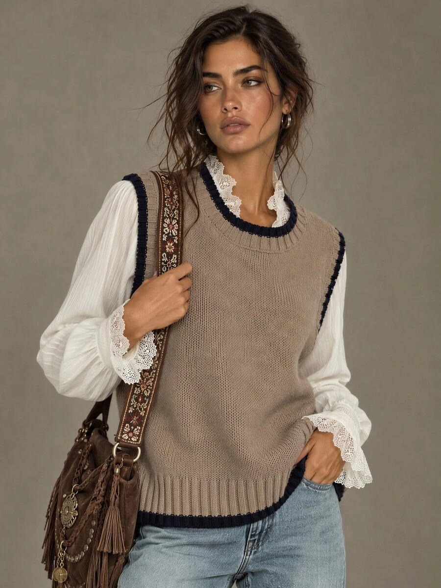 Calvaya Casual Loose Crew Neck Sleeveless Knit Contrast Trim Khaki Sweater Top For Women, Spring/Autumn - Camel - View 1